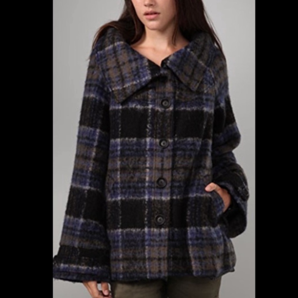 Free‎ People Bonjour Plaid Wool Coat Tartan Jacket Blue Black Woolen Bohemian XS